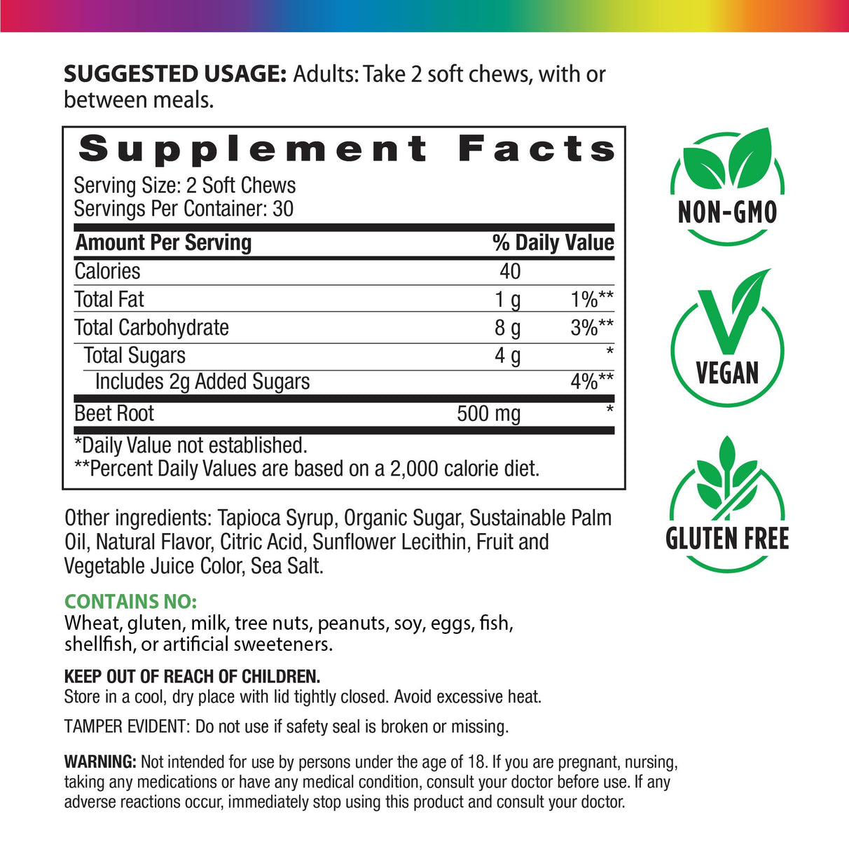 Supplement Facts panel displayed for Beet Root 60 Soft Chews.