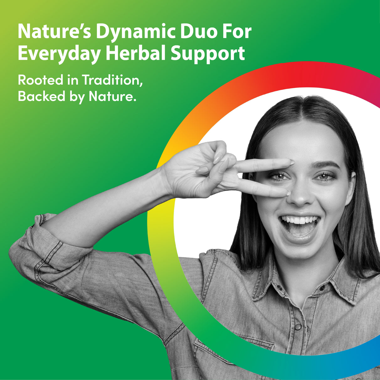 Young adult female smiling and making a peace sign over her eyes, against a green and rainbow background.
