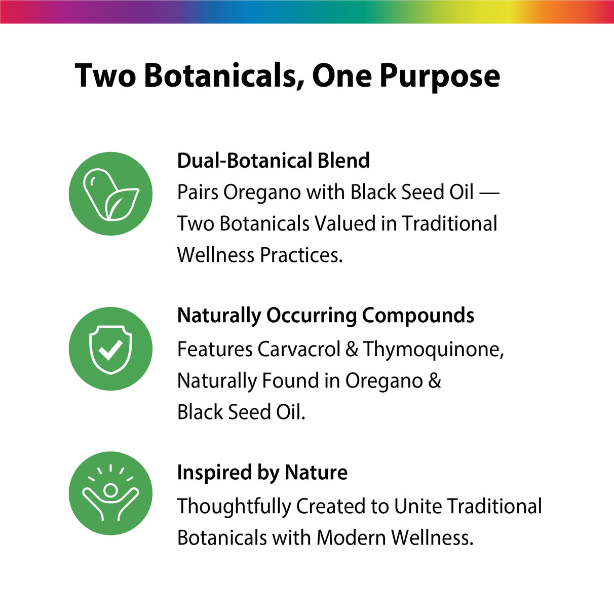 Product highlights graphic stating Blend of Oregano & Black Seed Oil, Features Carvacrol & Thymoquinone, Unites traditional & modern wellness.