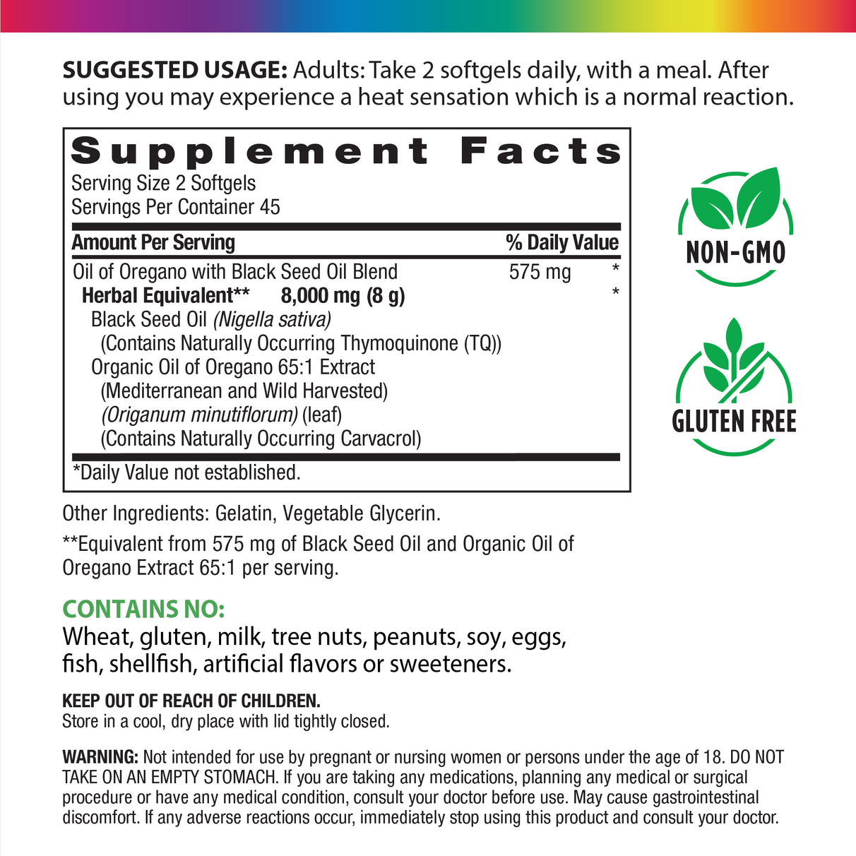 Supplement Facts for Oregano Blackseed 8,000 mg, 90 Softgels, showing ingredients and nutritional information.