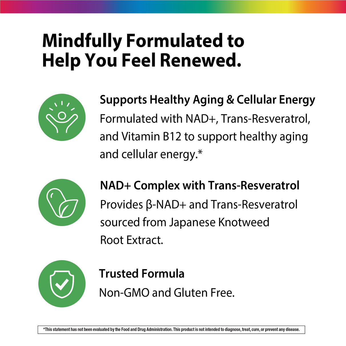 Product highlights graphic stating Supports Healthy Aging & Cellular Energy, NAD+ Complex with Trans-Resveratrol, Trusted Formula Non-GMO and Gluten Free.