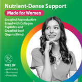 Young woman smiling with a joyful expression, promoting Beef Organs For Women.