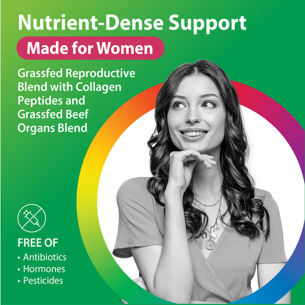 Young woman smiling with a joyful expression, promoting Beef Organs For Women.