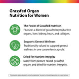 Product highlights graphic stating Grassfed: reproductive, liver, kidney, heart, collagen, Supports wellness, Pasture-raised, dried.