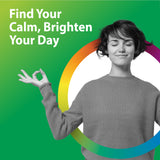 A young woman meditates with closed eyes and hands in mudra. Graphic text: 'Find Your Calm, Brighten Your Day'.