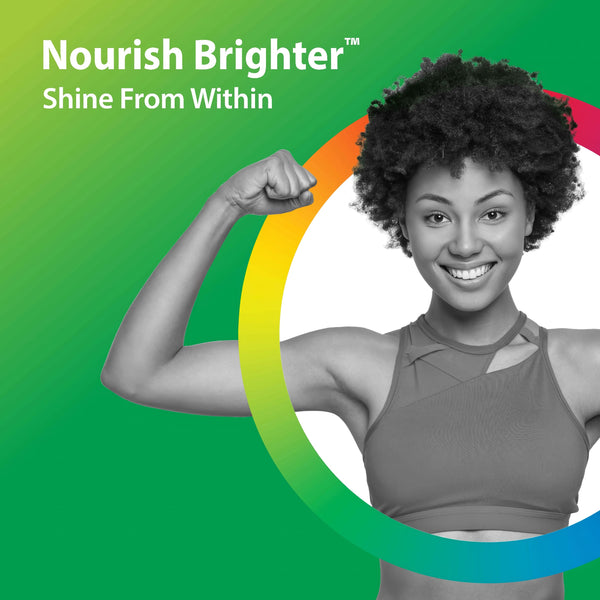 A young woman flexes her arm and smiles with the text 'Nourish Brighter, Shine From Within'.