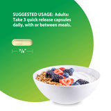 Capsule is 7/8 inch long. Adults take 3 quick release capsules daily, with or between meals.
