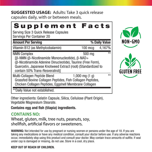 The Supplement Facts panel for NMN Resveratrol Collagen, 60 capsules.