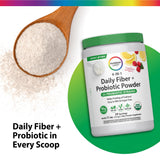 Rainbow Light Daily Fiber + Probiotic Powder, Raspberry Lemon flavor, 11 oz, offers 24 servings with 25 probiotic strains.