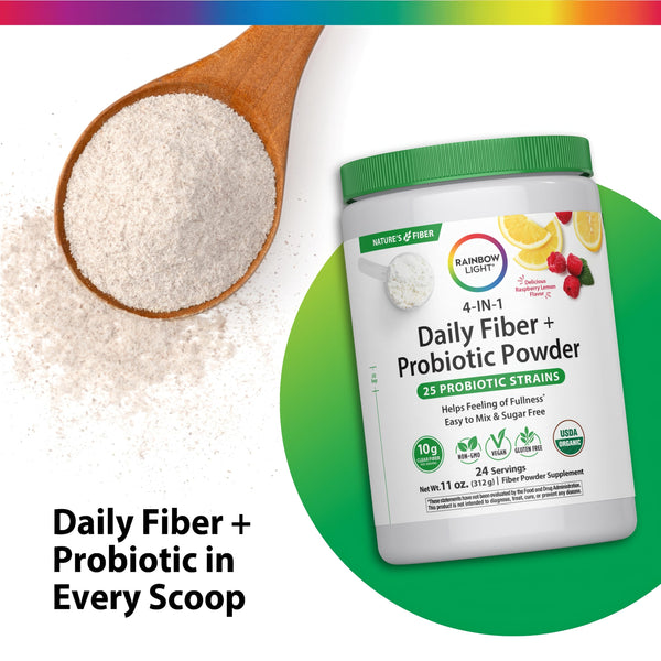 Rainbow Light Daily Fiber + Probiotic Powder, Raspberry Lemon flavor, 11 oz, offers 24 servings with 25 probiotic strains.