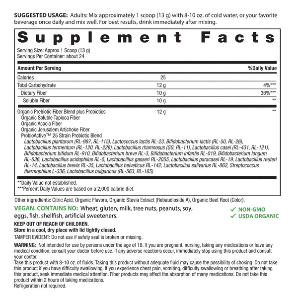 Supplement Facts for 10G Fiber Organic Probiotic Powder Rasp Lemon 11.11oz container shown.