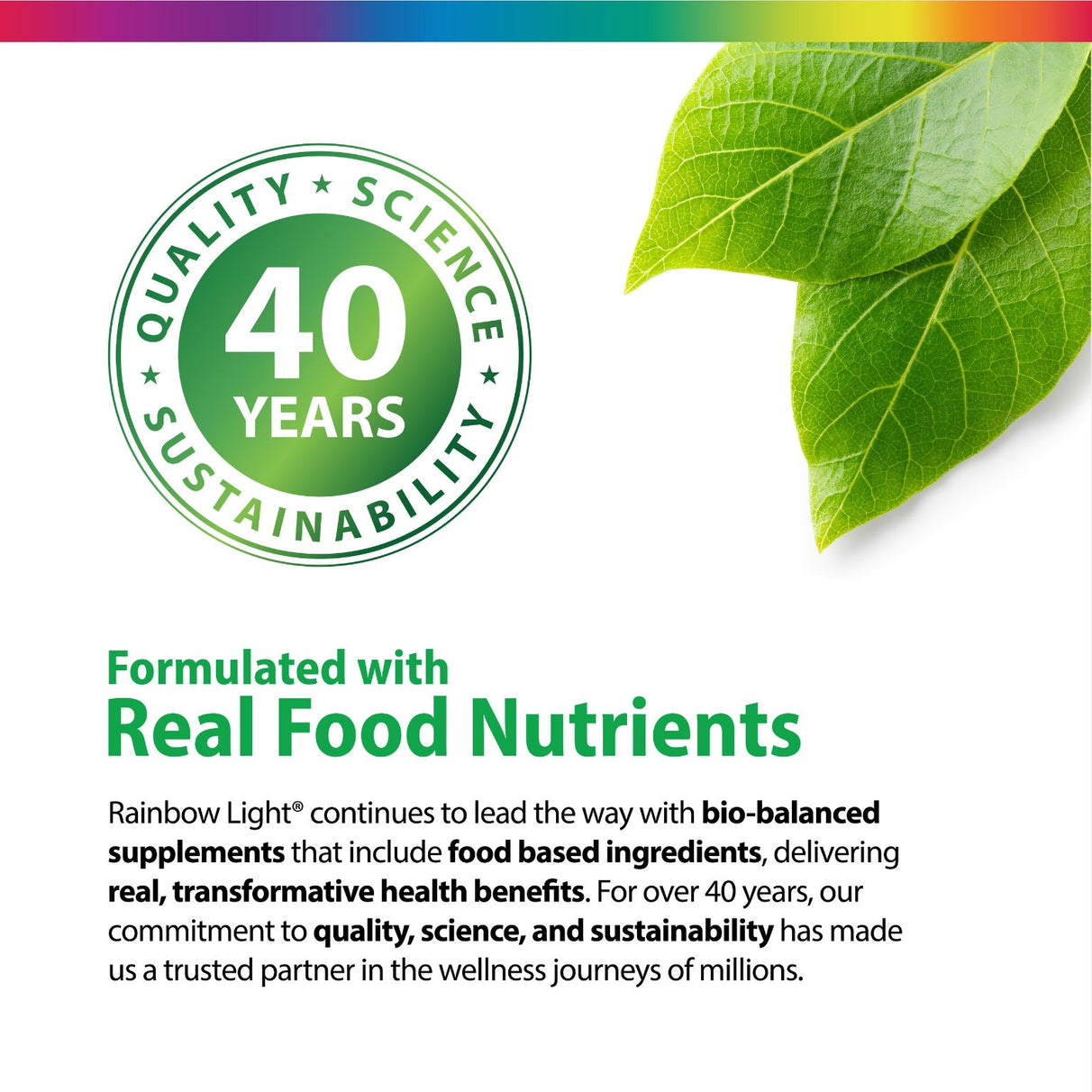 Green circular logo: 'QUALITY SCIENCE SUSTAINABILITY 40 YEARS'. Text: 'Formulated with Real Food Nutrients'. Two green leaves.