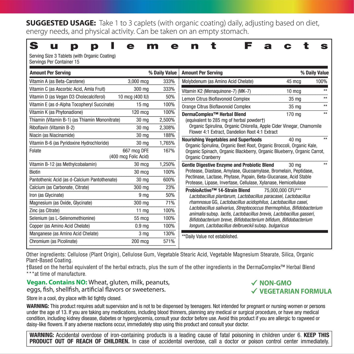 Supplement Facts panel for Active Health Teen Multivitamin with 45 tablets.