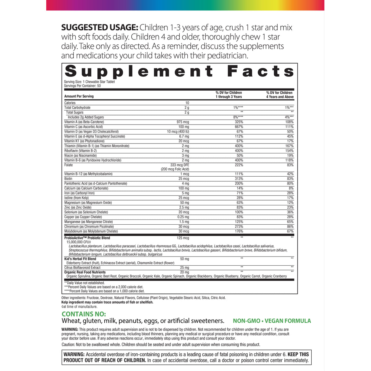 Image of Supplement Facts panel for Kid’s One Multivitamin with 50 chewable tablets.