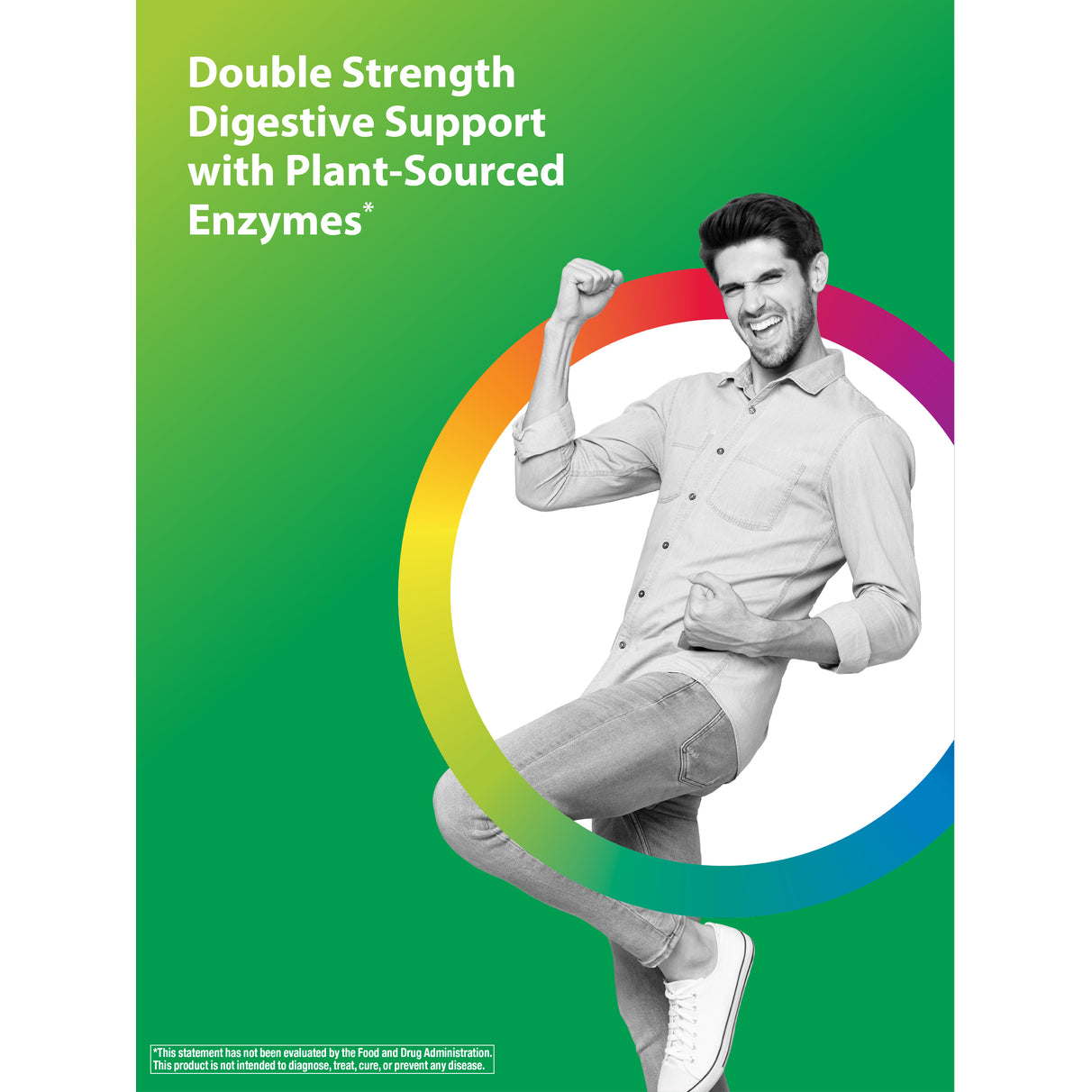 Man smiling, flexing with excitement, against a colorful arc and green background, with text 'Double Strength Digestive Support with Plant-Sourced Enzymes'.