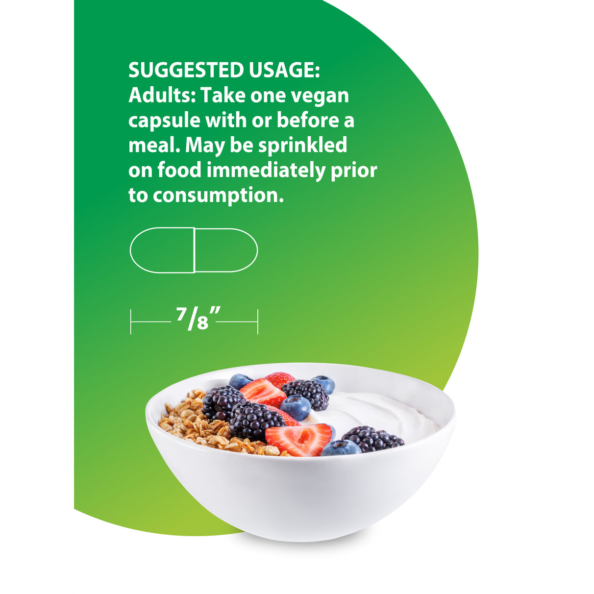 RL All-Zyme vegan capsule, 7/8 inch long, with suggested usage: take one with or before a meal, or sprinkle on food.