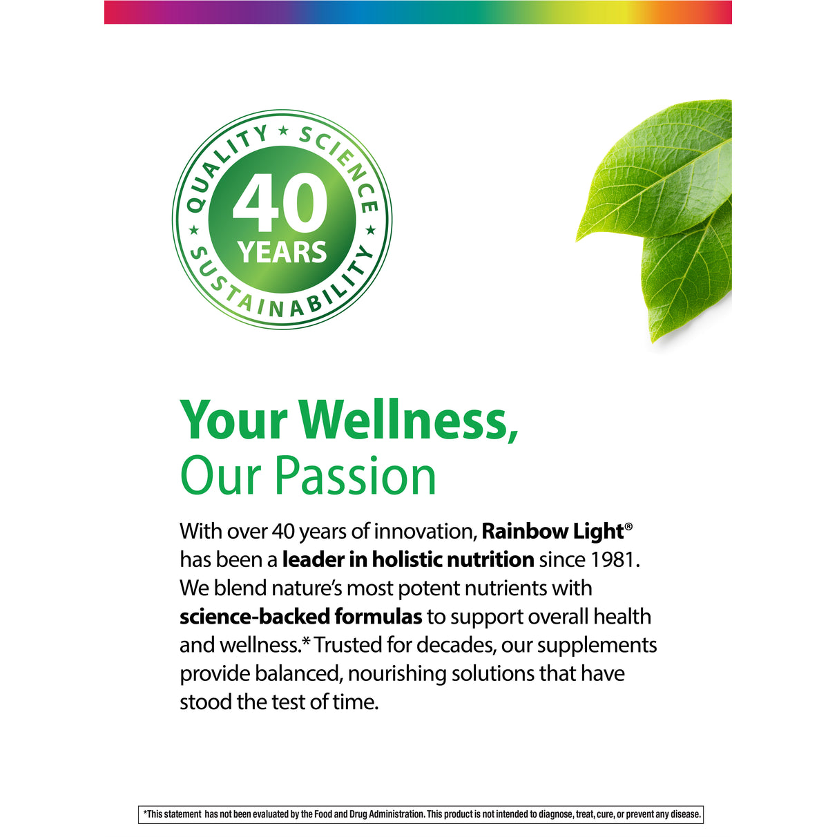 Infographic illustrating the themes of quality, science, 40 years of experience, and sustainability related to the product.