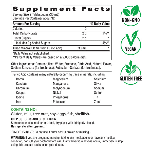 Supplement Facts panel for Colloidal Minerals Raspberry Liquid, 32 fl oz bottle.