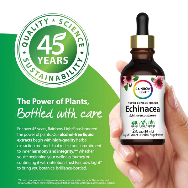 Rainbow Light Super Concentrated Echinacea Liquid Extract, 2 fl oz, Non-GMO, Vegan, and Gluten-Free product.