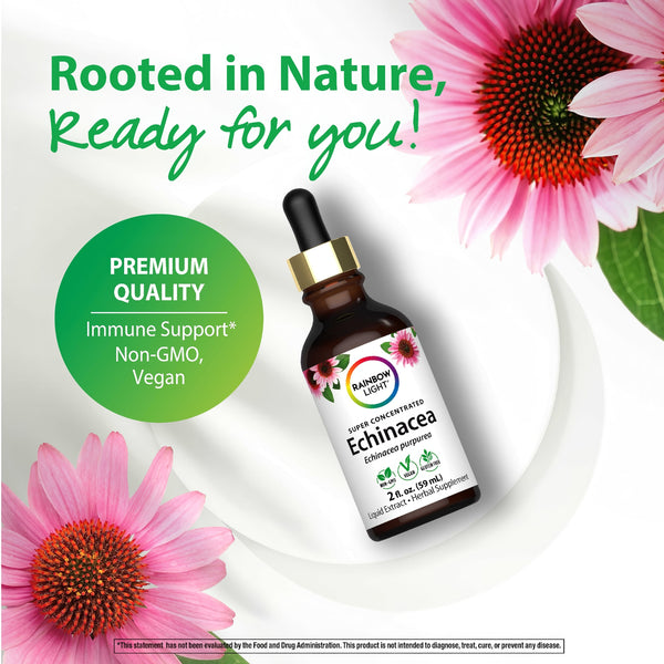 Rainbow Light Echinacea Liquid Extract, 2 fl. oz. (59 mL). Non-GMO, vegan, and gluten-free formula.