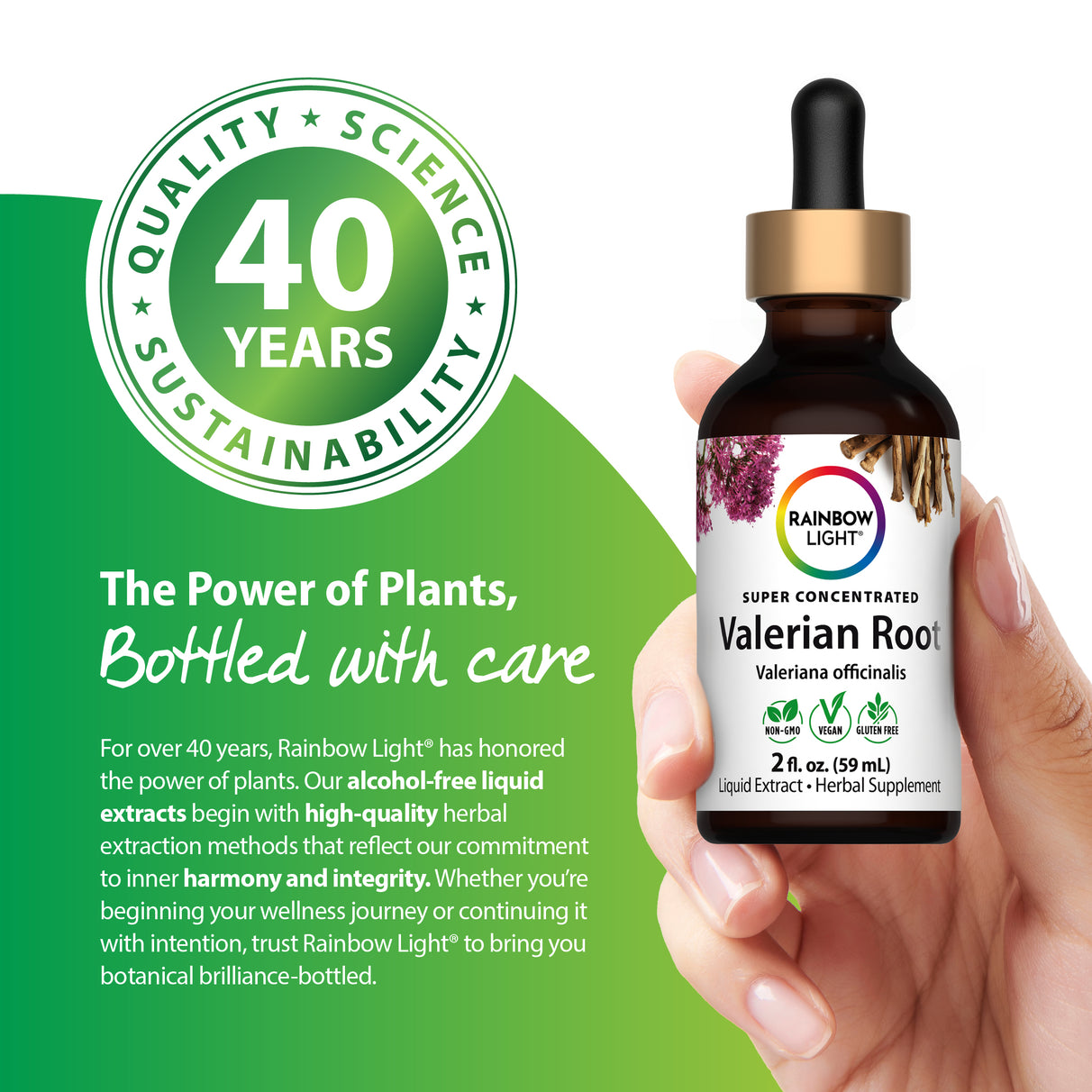 Valerian Root Liquid Extract, 2 fl. oz. (59 mL) dropper bottle with label showing Non-GMO, Vegan, and Gluten Free.