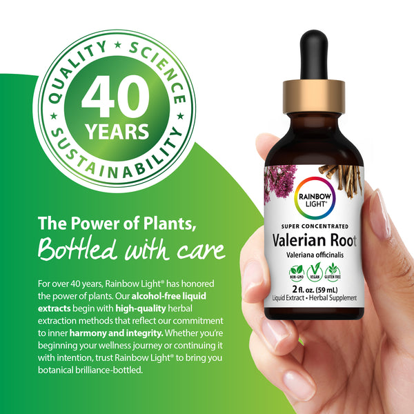 Valerian Root Liquid Extract, 2 fl. oz. (59 mL) dropper bottle with label showing Non-GMO, Vegan, and Gluten Free.