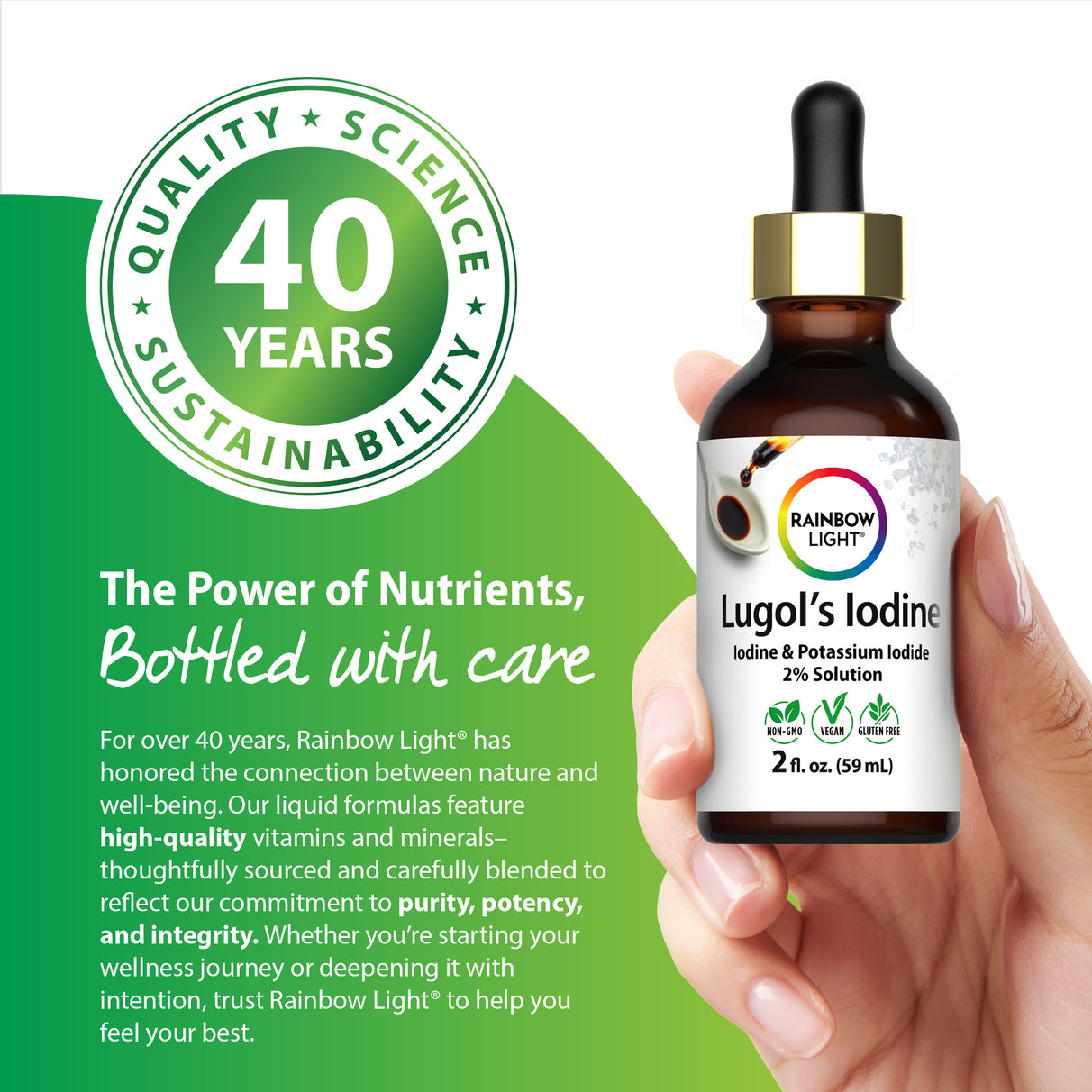 Lugol's Iodine and Potassium Iodide 2% solution in a dropper bottle, 2 fl. oz. (59 mL).