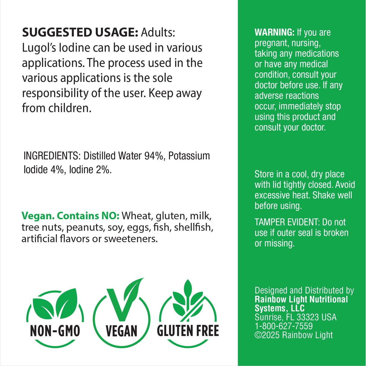 Supplement Facts for RL Lugol's Iodine 2 oz bottle.