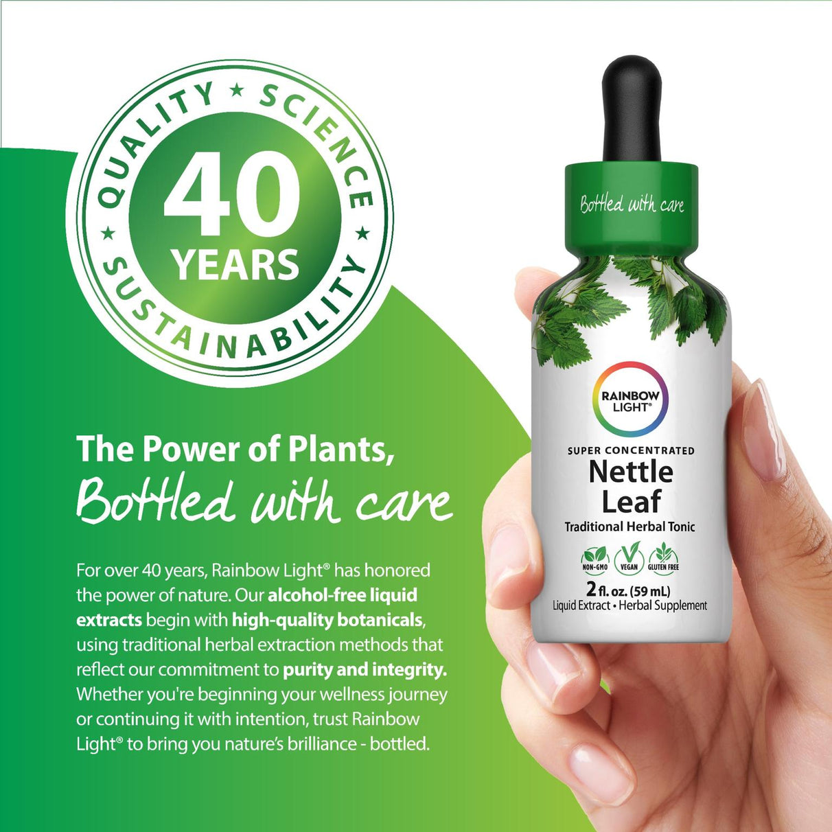 Nettle Leaf Liquid Extract, a traditional herbal tonic, 2 fl. oz. (59 mL). Super concentrated, non-GMO, vegan, gluten-free.