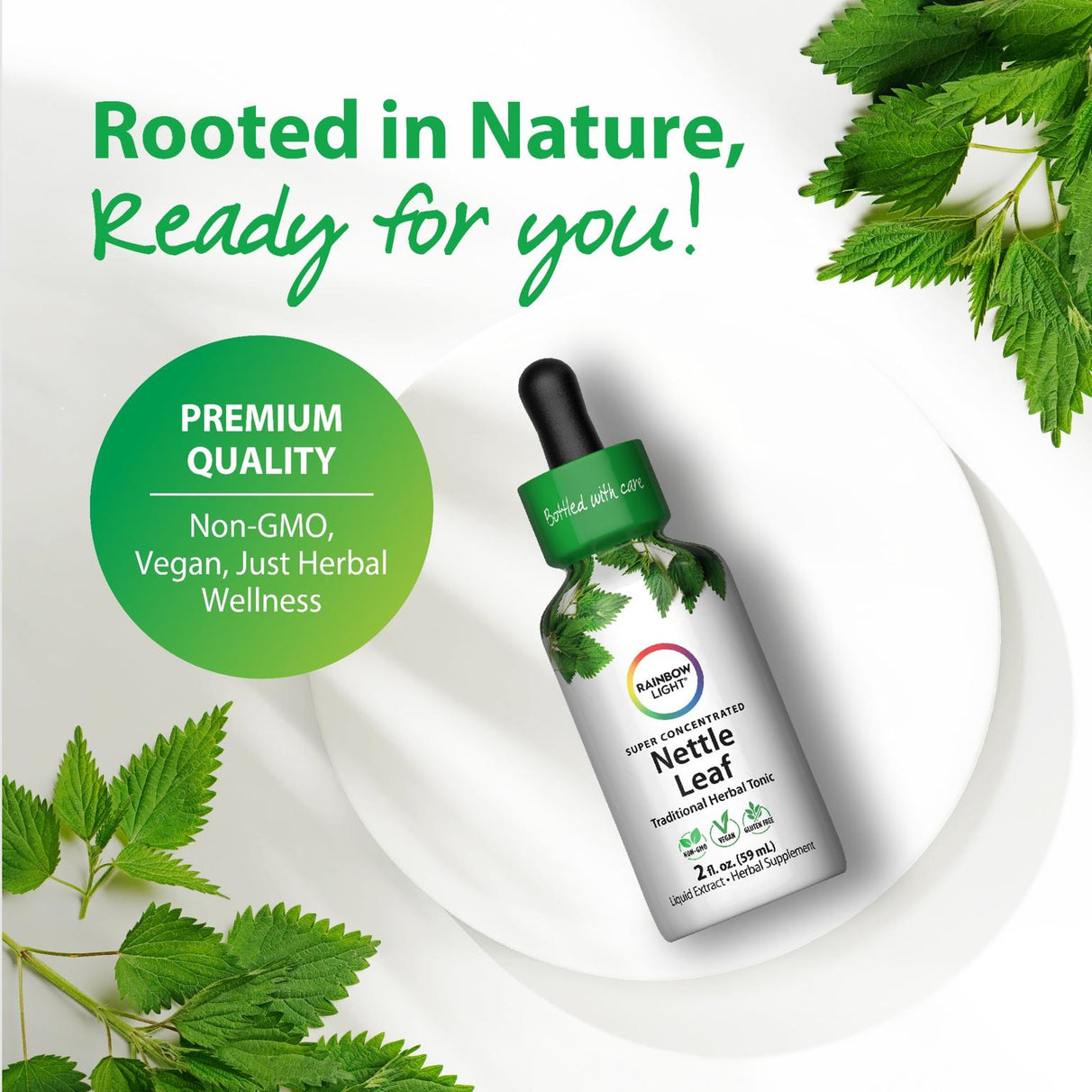 Rainbow Light Super Concentrated Nettle Leaf Herbal Tonic Liquid Extract Supplement, 2 fl. oz. (59 mL).
