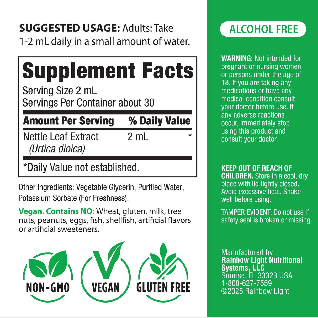 Supplement Facts panel for RL Nettle Leaf Liquid Extract, 2 fl oz bottle.