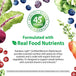 Infographic showing 'Quality, Science, Sustainability, 45 Years' badge. Formulated with real food nutrients for essential vitamins.