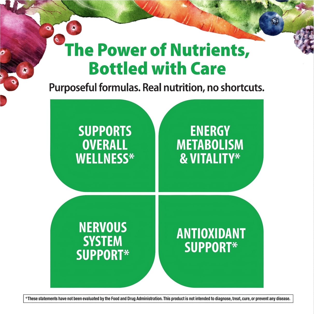Product highlights graphic stating SUPPORTS OVERALL WELLNESS*, ENERGY METABOLISM & VITALITY*, NERVOUS SYSTEM SUPPORT*, ANTIOXIDANT SUPPORT*
