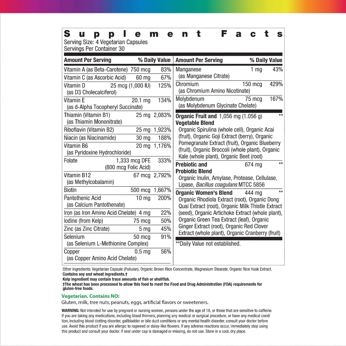 Supplement Facts panel for Certified Organics Women's Multi 120 Capsules.