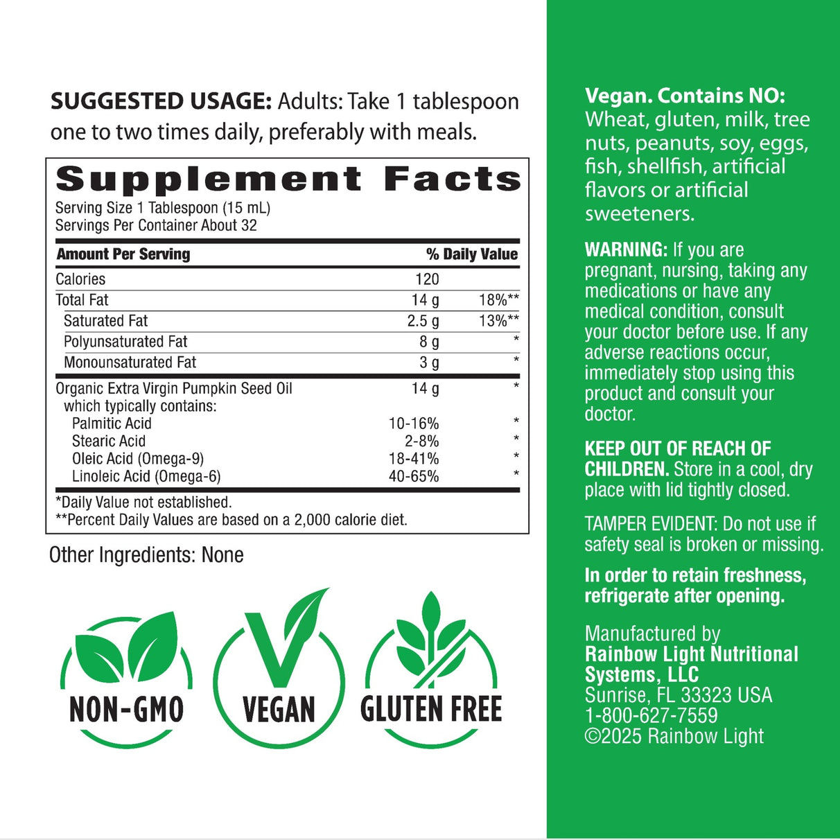 Supplement Facts for Organic Pumpkin Seed Oil, 16 oz bottle.