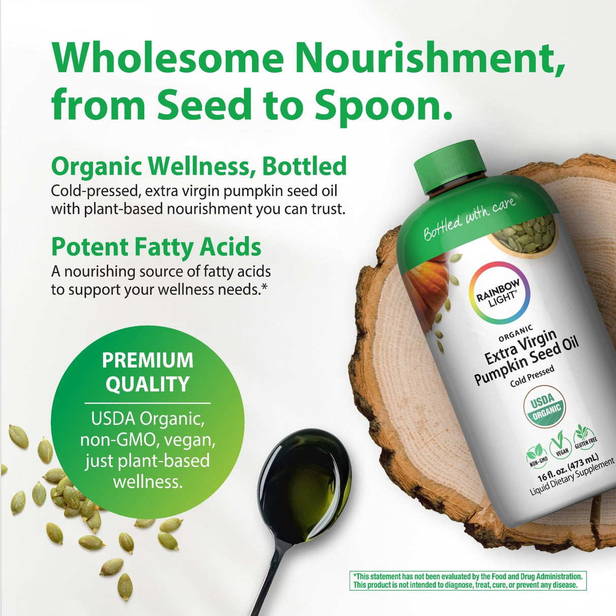 Rainbow Light Organic Extra Virgin Pumpkin Seed Oil, Cold Pressed, 16 fl. oz. (473 mL) Liquid Dietary Supplement.