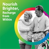 Elderly couple walking hand in hand with a bicycle, accompanied by text: 'Nourish Brighter, Recharge from Within'.