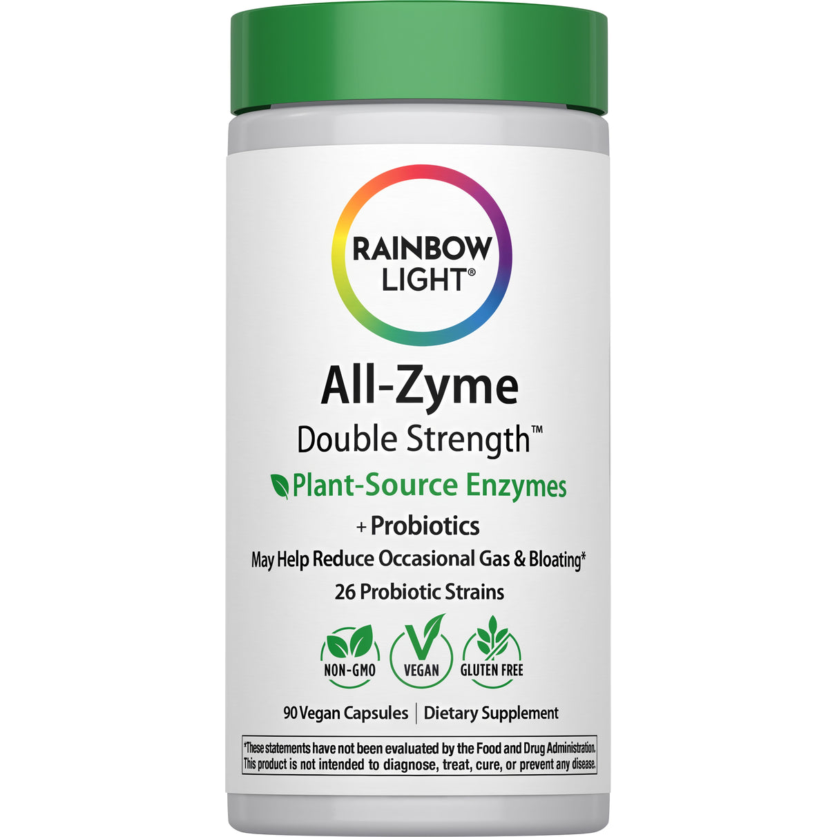 All-Zyme Double Strength Plant-Source Enzymes with Probiotics. Contains 90 vegan capsules.