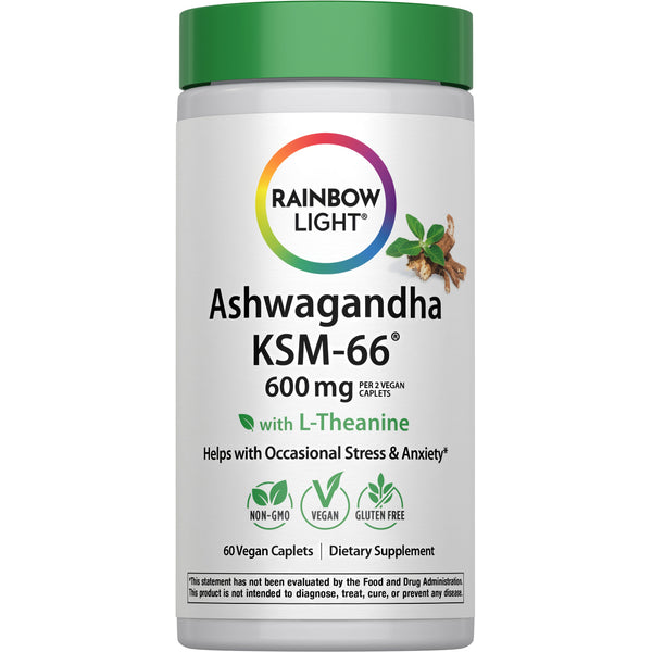 Ashwagandha KSM-66 600 mg with L-Theanine. 60 Vegan Caplets. Supports occasional stress and anxiety relief.