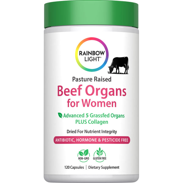 Rainbow Light Pasture Raised Beef Organs for Women, Advanced 5 Grassfed Organs with Collagen, 120 Capsules.
