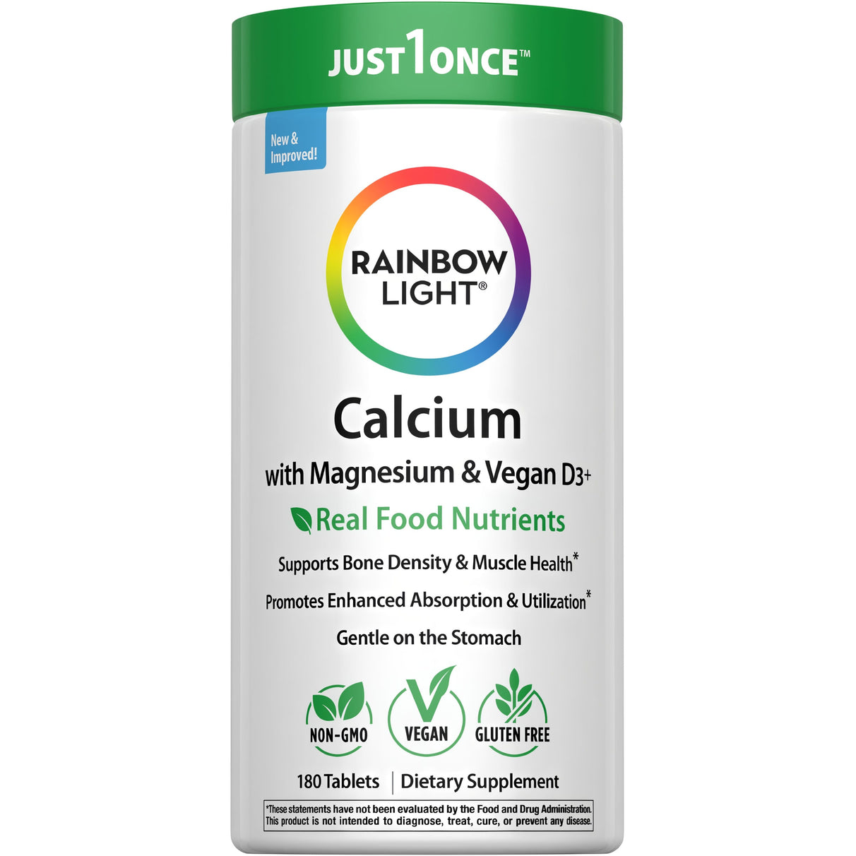Rainbow Light Calcium with Magnesium & Vegan D3+ supplement, 180 Tablets. Non-GMO, Vegan, Gluten Free.