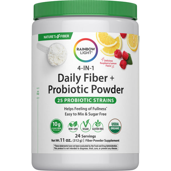 4-IN-1 Daily Fiber + Probiotic Powder, Raspberry Lemon Flavor, 11 oz, with 10g Clear Fiber and 25 Probiotic Strains.