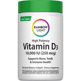 Rainbow Light Vitamin D3 10,000 IU (250 mcg) 100 Softgels, supports bone, teeth, and immune health effectively.