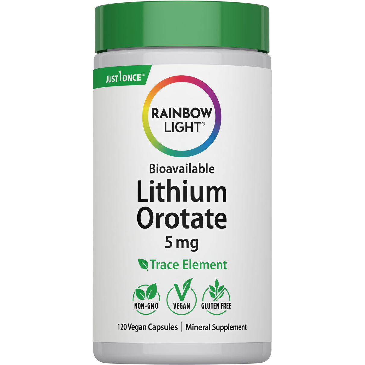 Rainbow Light Bioavailable Lithium Orotate 5 mg, 120 Vegan Capsules, displayed on a product image.