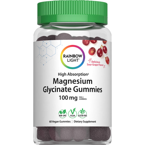 Magnesium Glycinate Gummies, 100 mg per 2, 60 Vegan Gummies, Sour Grape Flavor. Non-GMO, Vegan, Gluten Free.