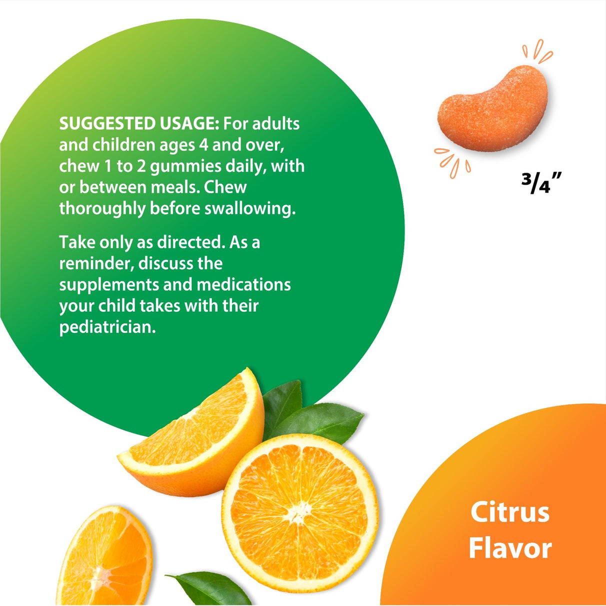 RL Vitamin C 60 Gummies: A 3/4 inch orange citrus-flavored gummy shown with sliced oranges.
