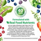 Infographic stating Quality, Science, 40 Years, Sustainability. Formulated with Real Food Nutrients. Men's One 50+ multivitamin for health, energy, immune vitality.