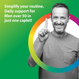 Smiling man over 50 points upward, highlighting Mens One 50+ Multi benefits in a lifestyle setting.