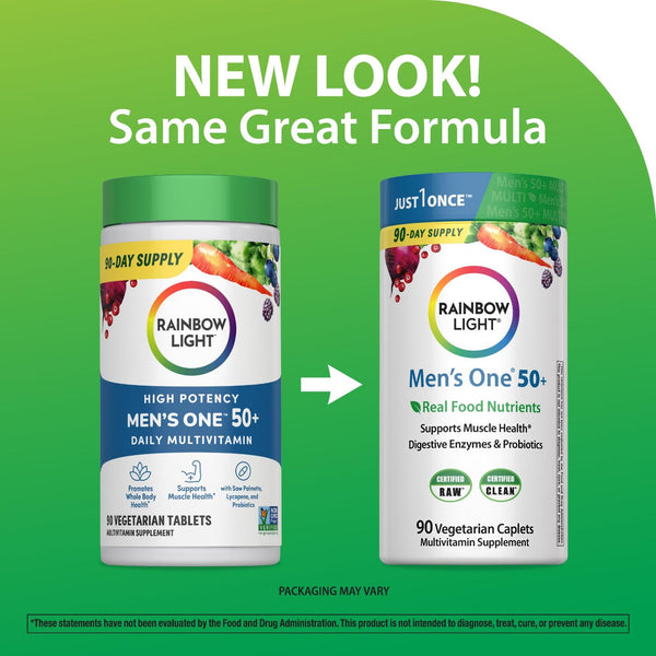 New packaging, same great formula for Rainbow Light Men's One 50+ Daily Multivitamin, 90 Vegetarian Caplets.