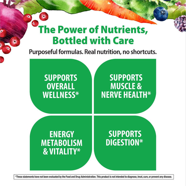 Product highlights graphic stating SUPPORTS OVERALL WELLNESS*, SUPPORTS MUSCLE & NERVE HEALTH*, ENERGY METABOLISM & VITALITY*, SUPPORTS DIGESTION*